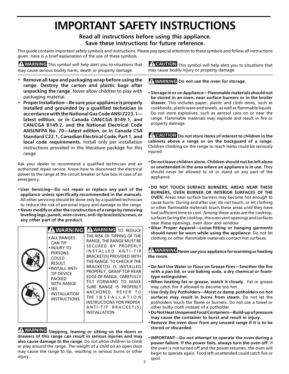 Important safety instructions, Important safety instructions -4 | FRIGIDAIRE Sprigfield Series Gas Range User Manual | Page 3 / 16