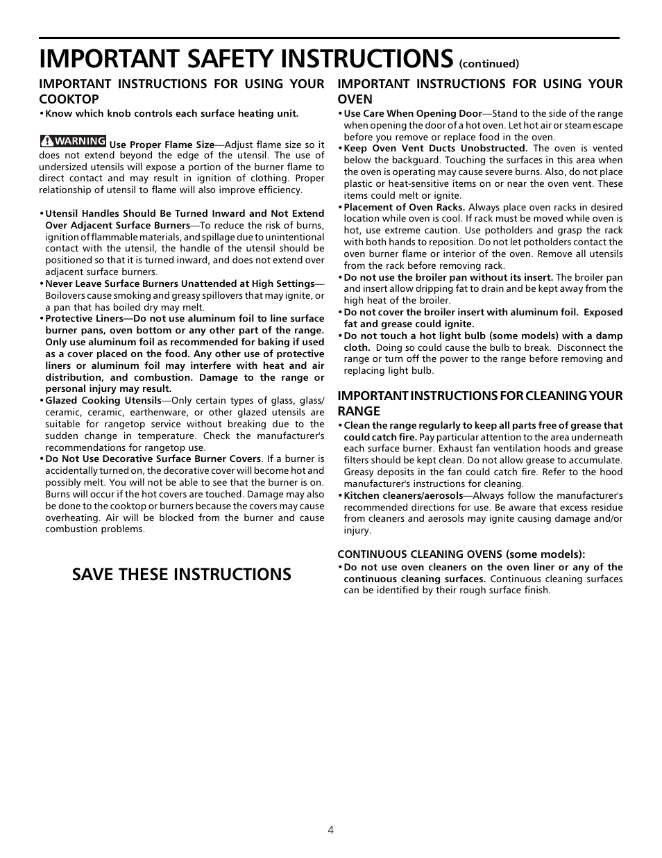 Important safety instructions, Save these instructions | FRIGIDAIRE Sprigfield Series Gas Range User Manual | Page 4 / 16