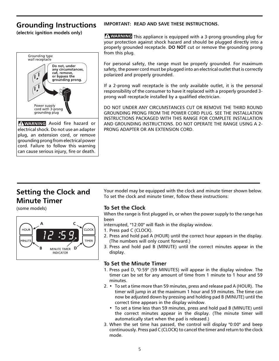 Grounding instructions, Setting the clock and minute timer | FRIGIDAIRE Sprigfield Series Gas Range User Manual | Page 5 / 16
