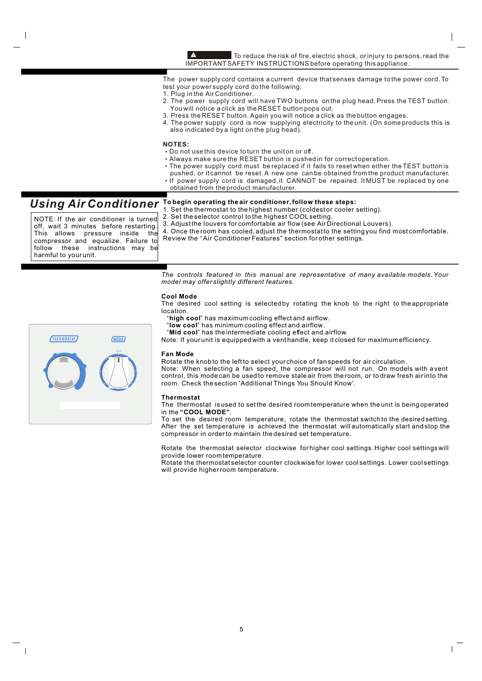 Т³гж 5, Operation of current device, Using air conditioner | Air conditioner features | FRIGIDAIRE 819042151-01 User Manual | Page 5 / 7