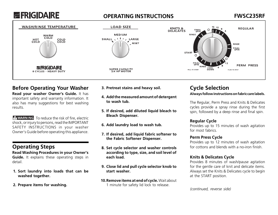 FRIGIDAIRE FWSC235RF User Manual | 2 pages