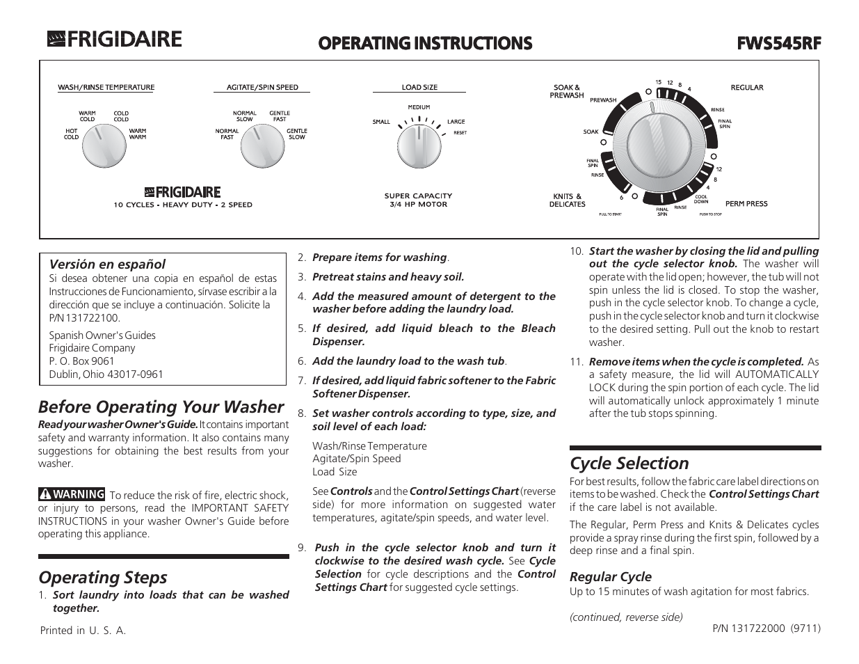 FRIGIDAIRE FWS545RF User Manual | 2 pages