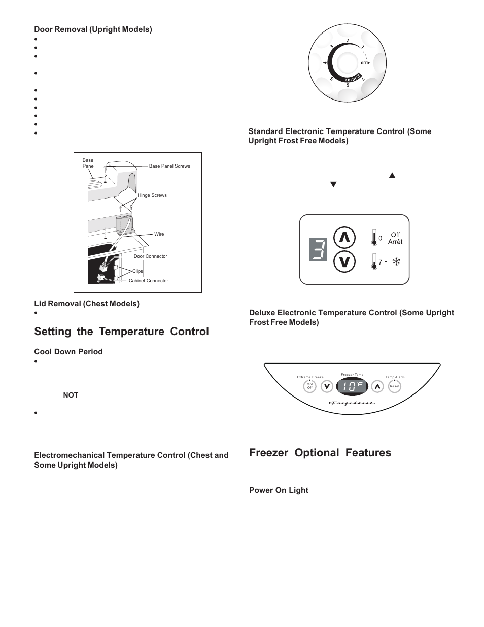 Setting the temperature control, Freezer optional features | FRIGIDAIRE Freezer P/N 297079200 User Manual | Page 4 / 11