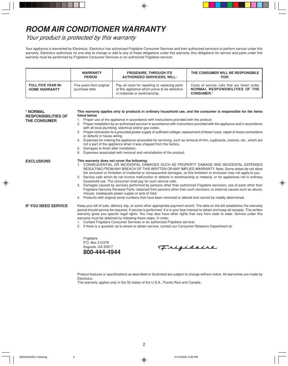 Room air conditioner warranty, Your product is protected by this warranty | FRIGIDAIRE 220202D019 User Manual | Page 2 / 12