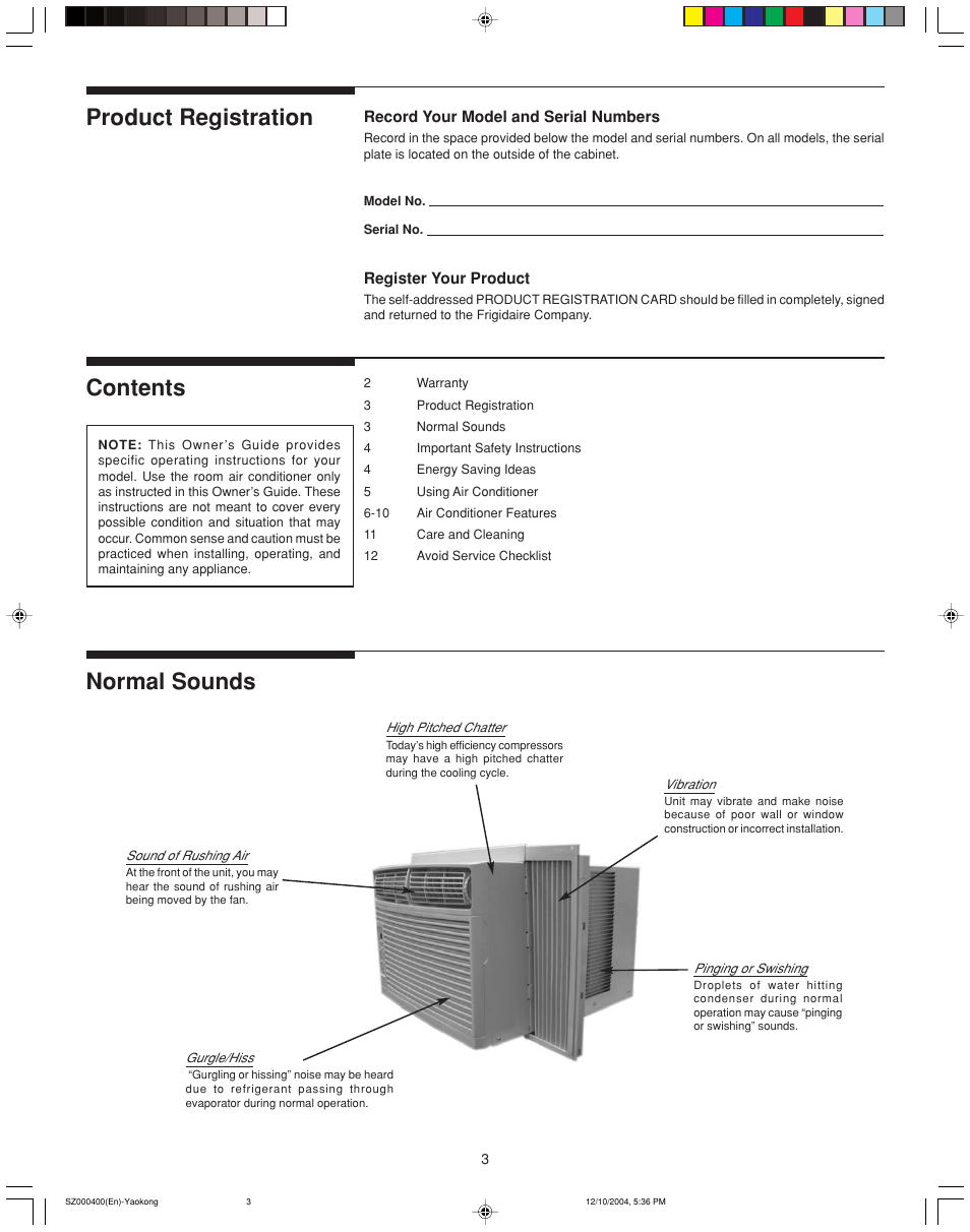 Product registration contents normal sounds | FRIGIDAIRE 220202D019 User Manual | Page 3 / 12