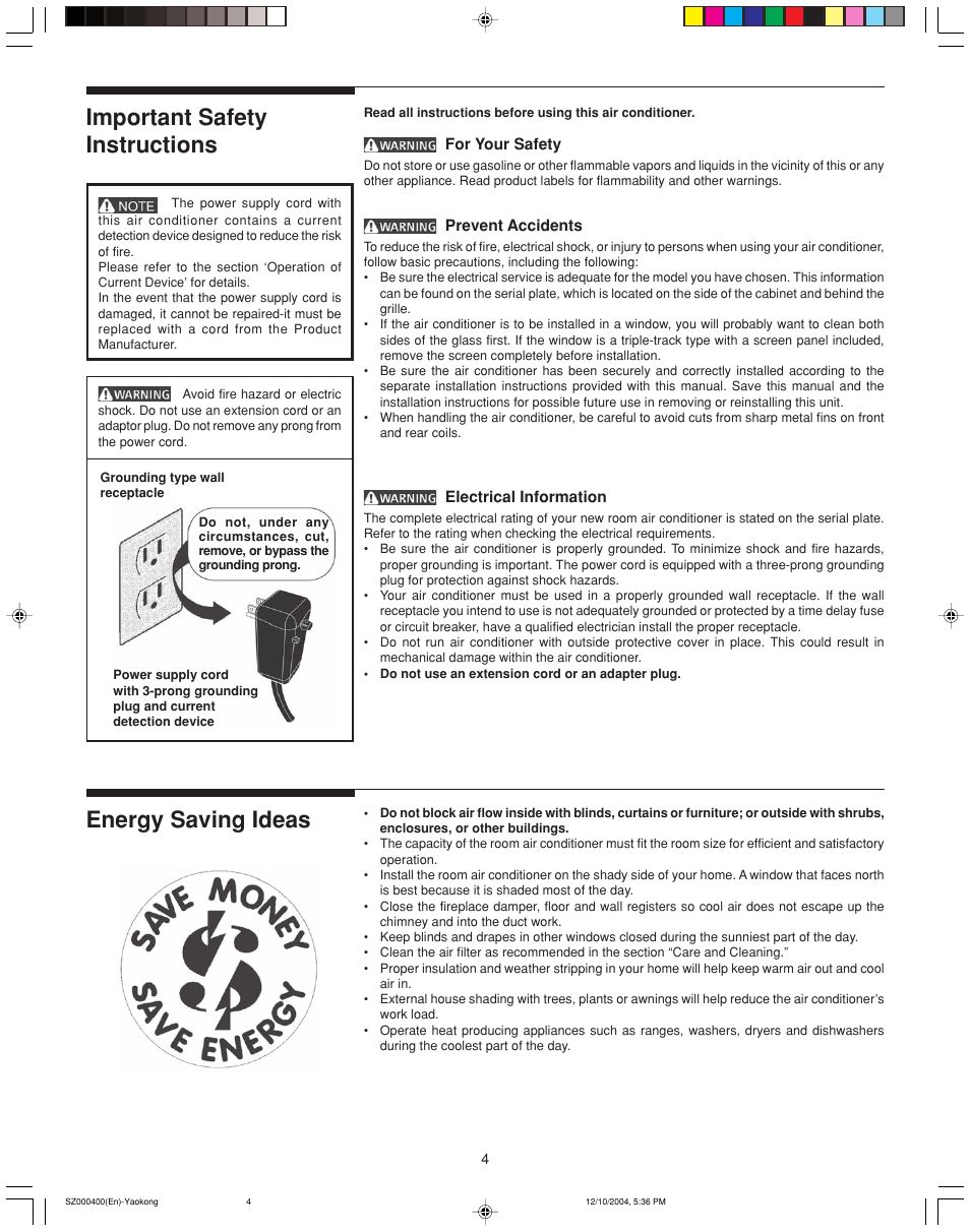 Energy saving ideas important safety instructions | FRIGIDAIRE 220202D019 User Manual | Page 4 / 12