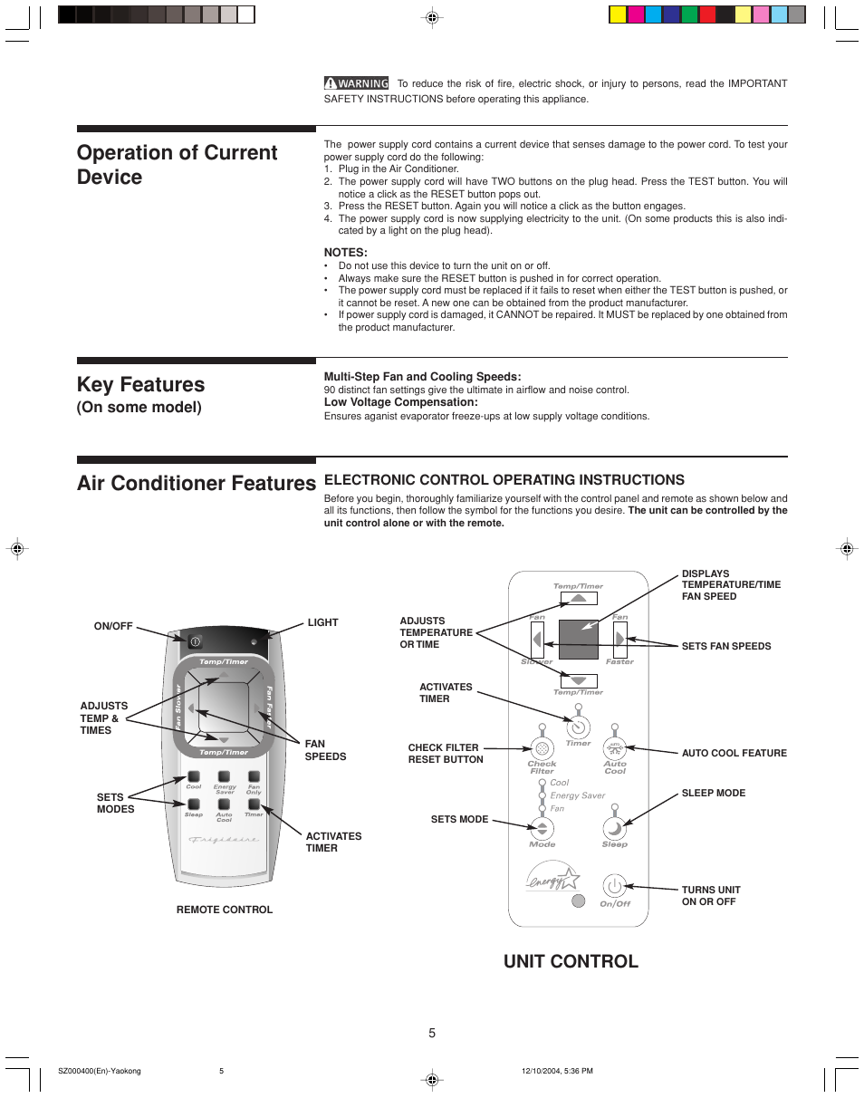 Air conditioner features, Key features, Operation of current device | Unit control, On some model) | FRIGIDAIRE 220202D019 User Manual | Page 5 / 12