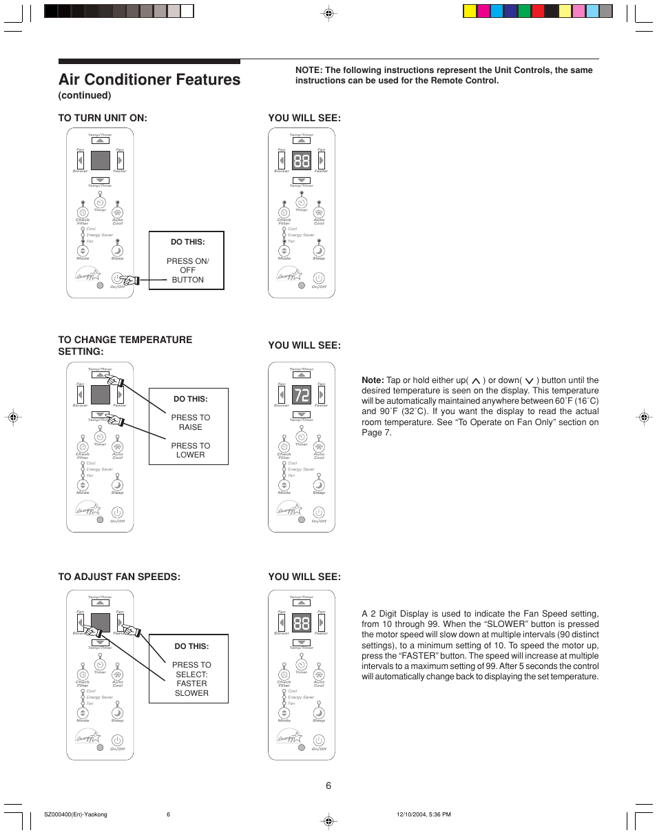 Air conditioner features | FRIGIDAIRE 220202D019 User Manual | Page 6 / 12
