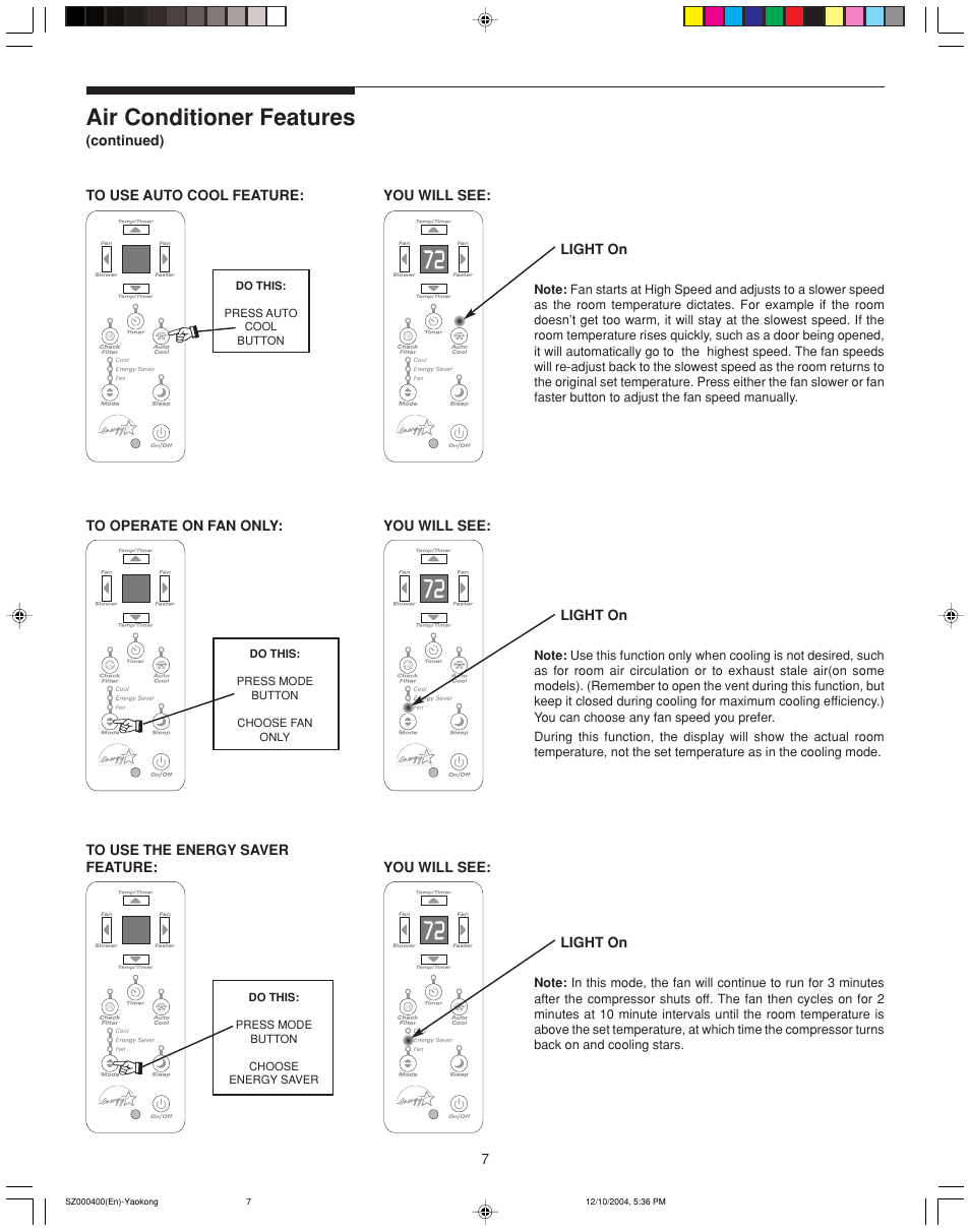 Air conditioner features | FRIGIDAIRE 220202D019 User Manual | Page 7 / 12
