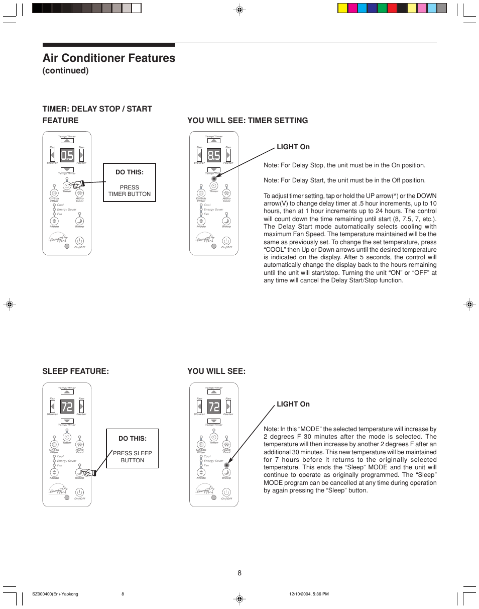 Air conditioner features | FRIGIDAIRE 220202D019 User Manual | Page 8 / 12