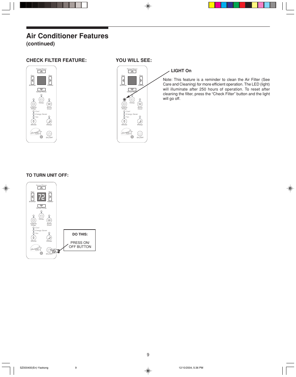 Air conditioner features | FRIGIDAIRE 220202D019 User Manual | Page 9 / 12