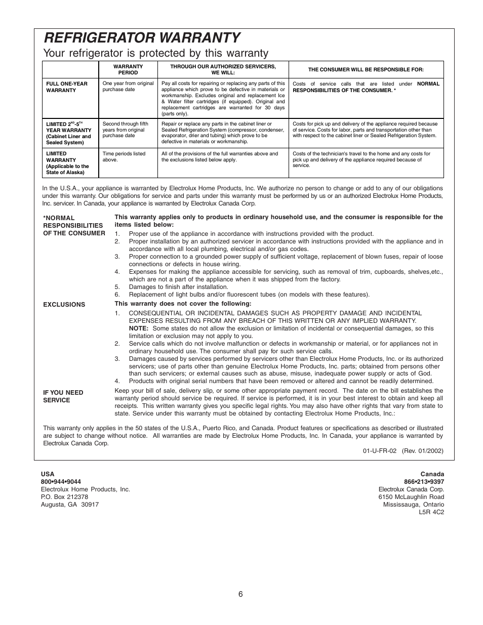 Refrigerator warranty, Your refrigerator is protected by this warranty | FRIGIDAIRE 216961200 User Manual | Page 6 / 8