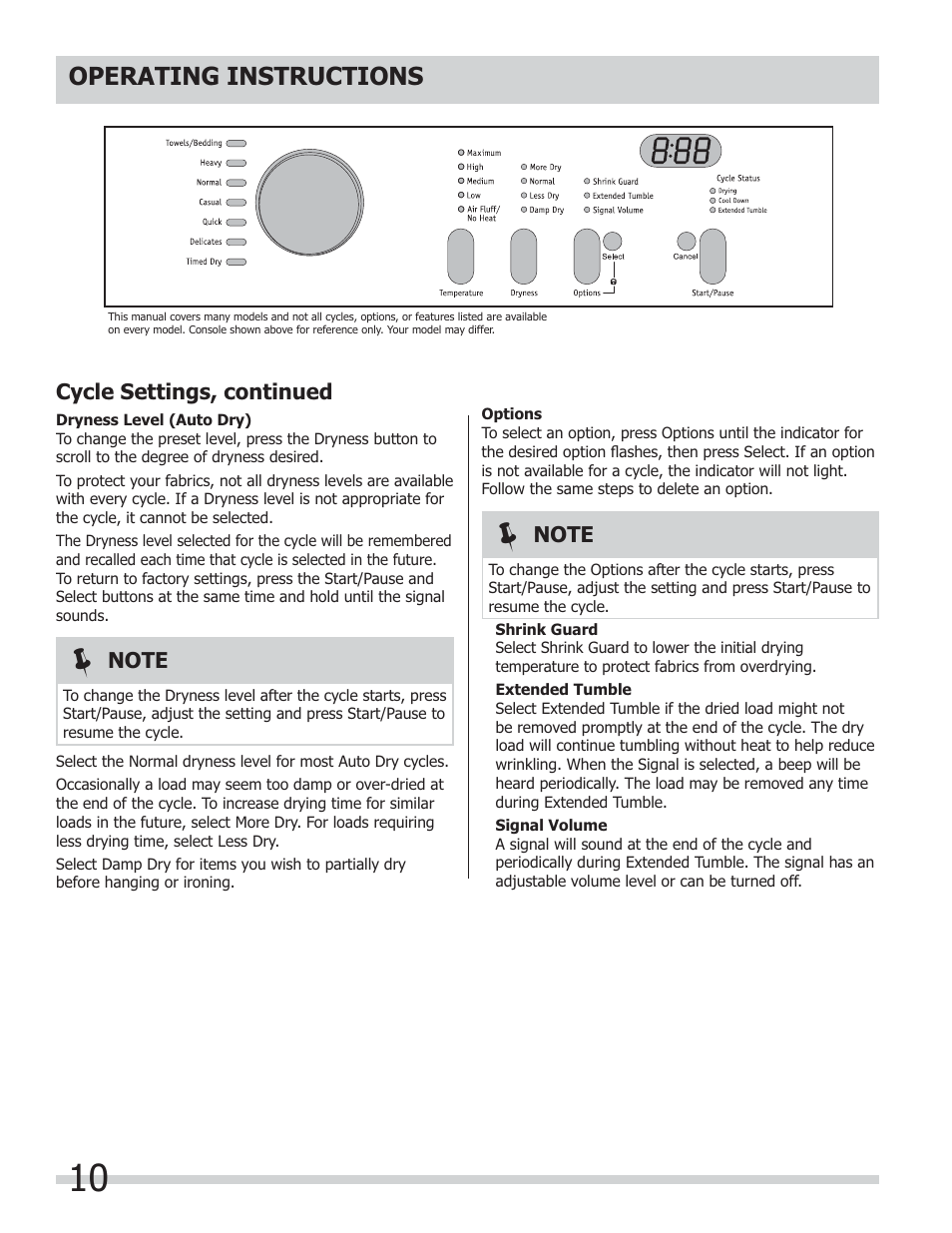 Operating instructions, Cycle settings, continued | FRIGIDAIRE 137181700A User Manual | Page 10 / 18