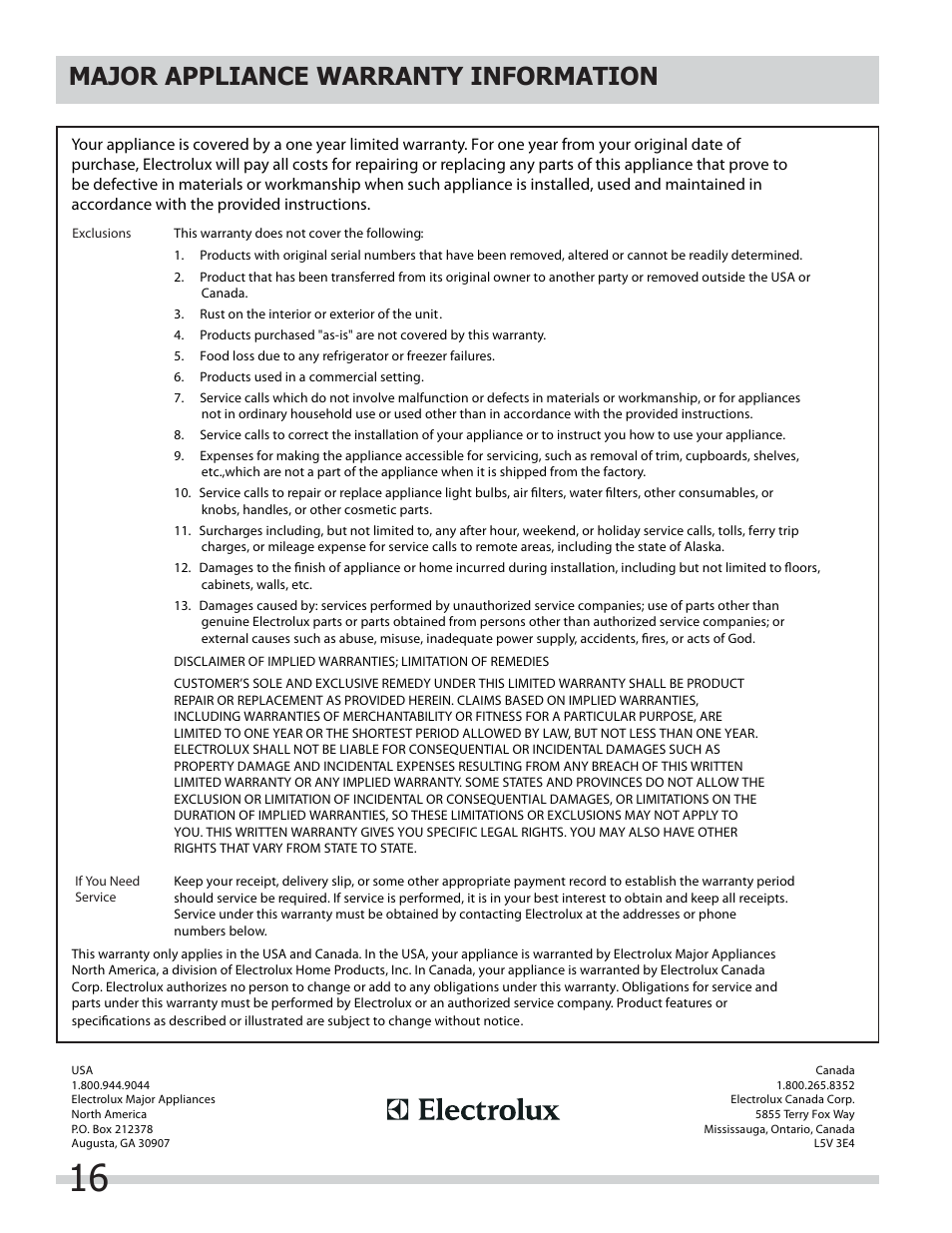 Major appliance warranty information | FRIGIDAIRE 137181700A User Manual | Page 16 / 18