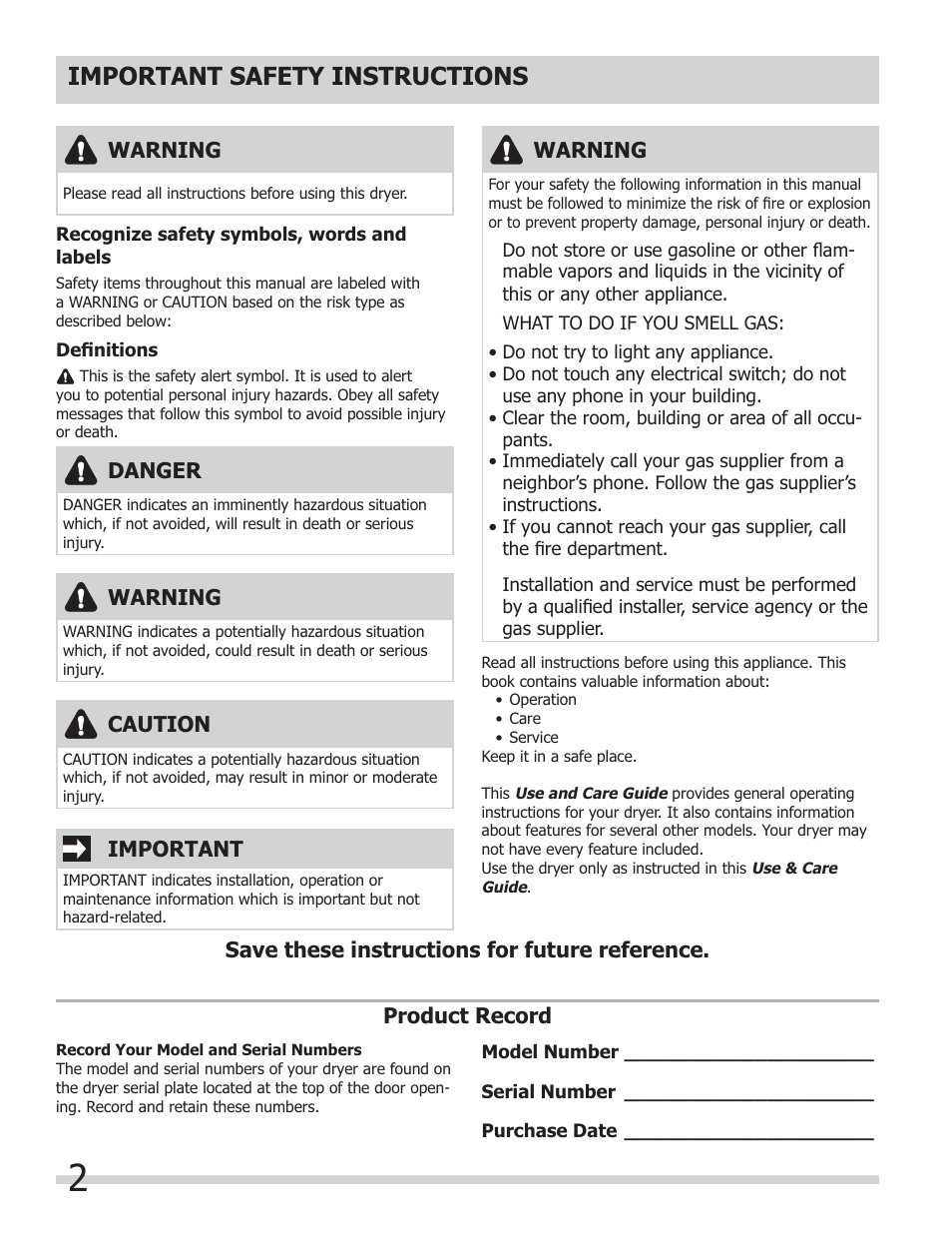 Important safety instructions | FRIGIDAIRE 137181700A User Manual | Page 2 / 18