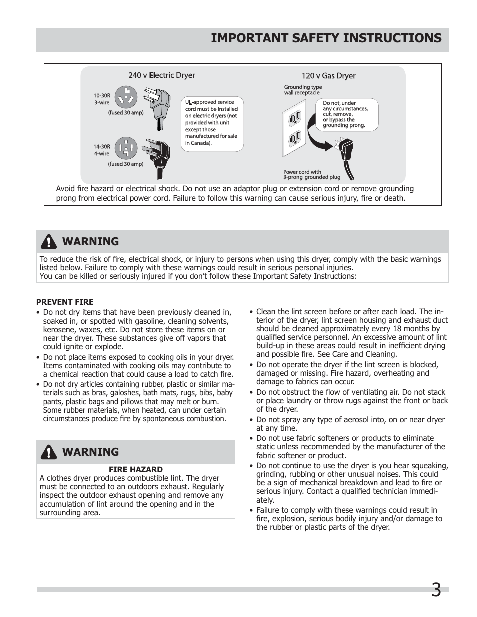 Important safety instructions, Warning | FRIGIDAIRE 137181700A User Manual | Page 3 / 18