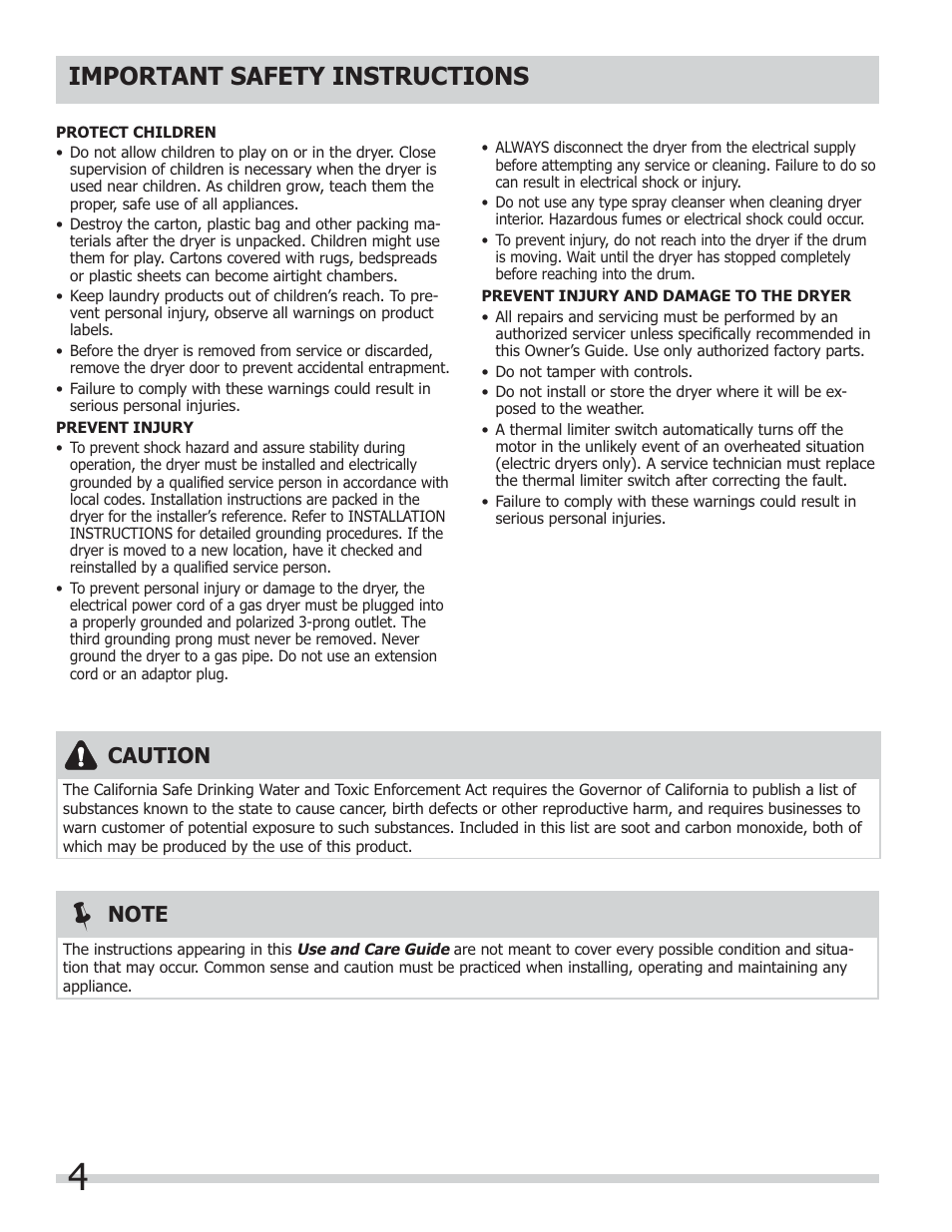 Important safety instructions, Caution | FRIGIDAIRE 137181700A User Manual | Page 4 / 18