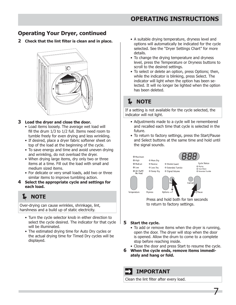 Operating instructions, Important, Operating your dryer, continued | FRIGIDAIRE 137181700A User Manual | Page 7 / 18