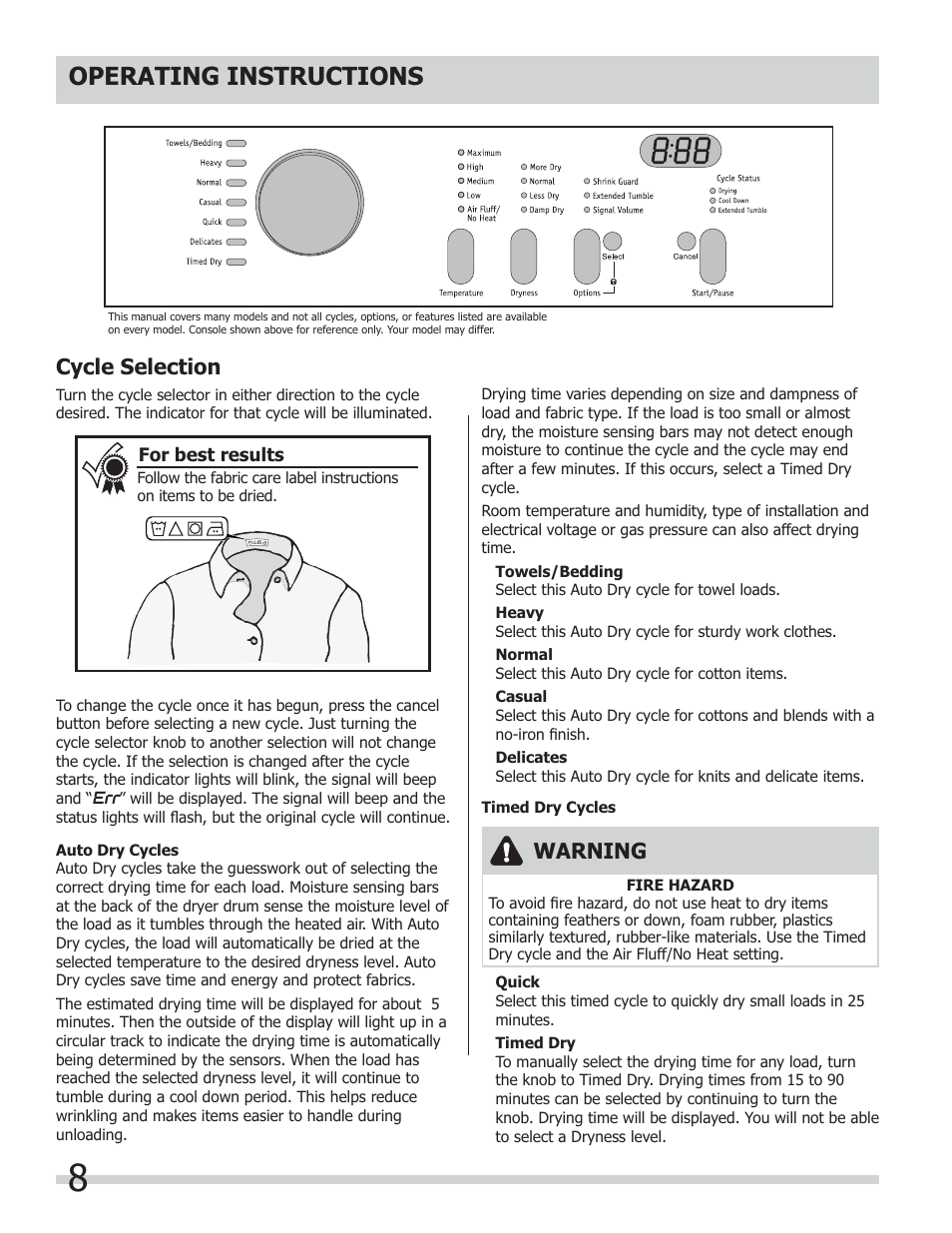 Operating instructions, Cycle selection, Warning | FRIGIDAIRE 137181700A User Manual | Page 8 / 18