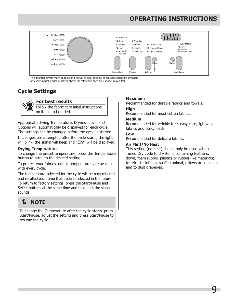 Operating instructions, Cycle settings | FRIGIDAIRE 137181700A User Manual | Page 9 / 18