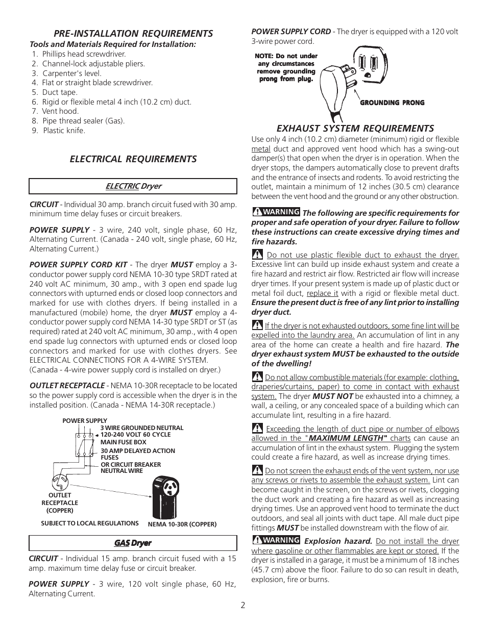 Exhaust system requirements, Pre-installation requirements, Electrical requirements | FRIGIDAIRE P/N 134296400A (0404) User Manual | Page 2 / 9