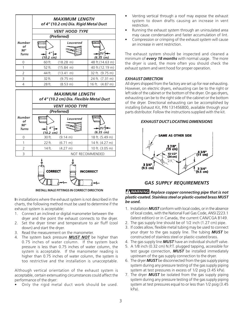 Gas supply requirements, Maximum length | FRIGIDAIRE P/N 134296400A (0404) User Manual | Page 3 / 9