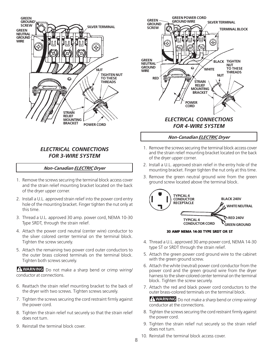 Electrical connections for 3-wire system, Electrical connections for 4-wire system | FRIGIDAIRE P/N 134296400A (0404) User Manual | Page 8 / 9
