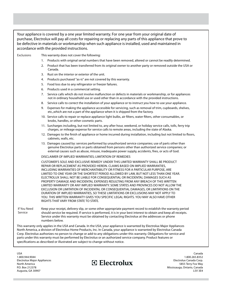 Major appliance warranty information | FRIGIDAIRE 137118600B User Manual | Page 16 / 18
