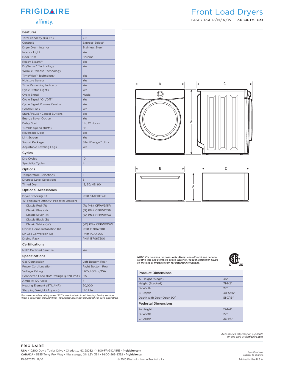 Front load dryers | FRIGIDAIRE AFFINITY FASG7073L R/N/A/W User Manual | Page 2 / 2