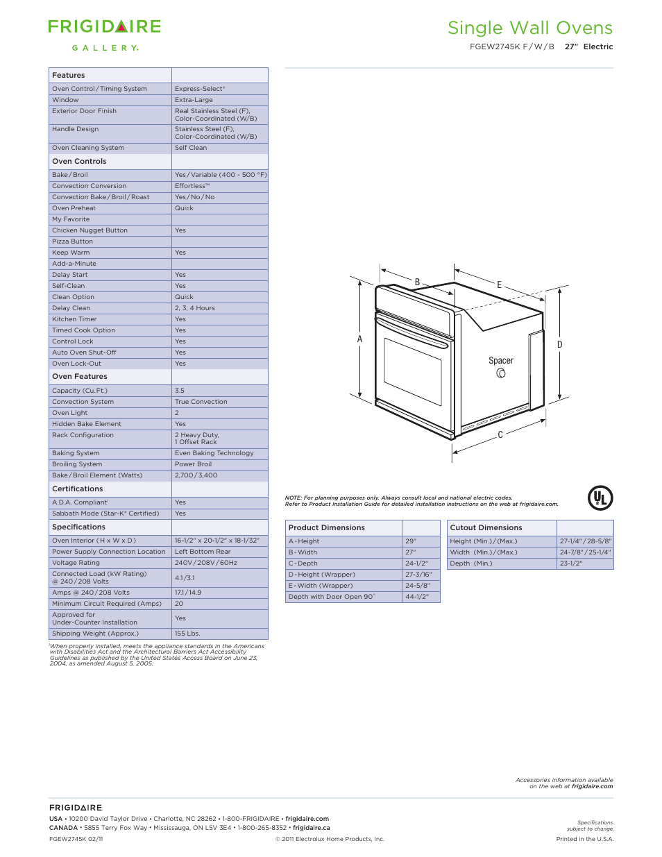 Single electric wall ovens frigidaire baseline, Single wall ovens | FRIGIDAIRE FGEW2745K F/W/B User Manual | Page 2 / 9