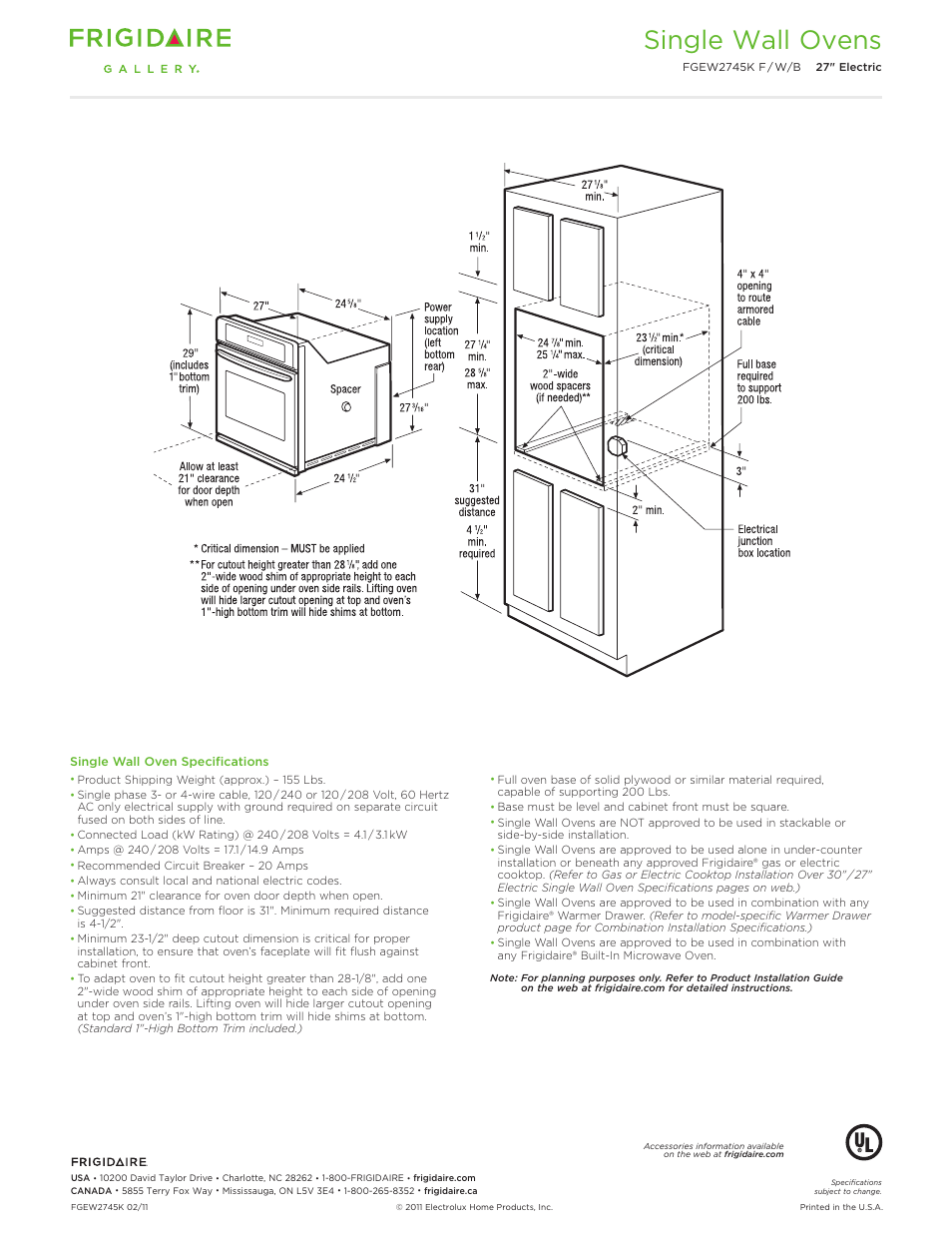 27" single electric wall oven gallery, Single wall ovens | FRIGIDAIRE FGEW2745K F/W/B User Manual | Page 3 / 9