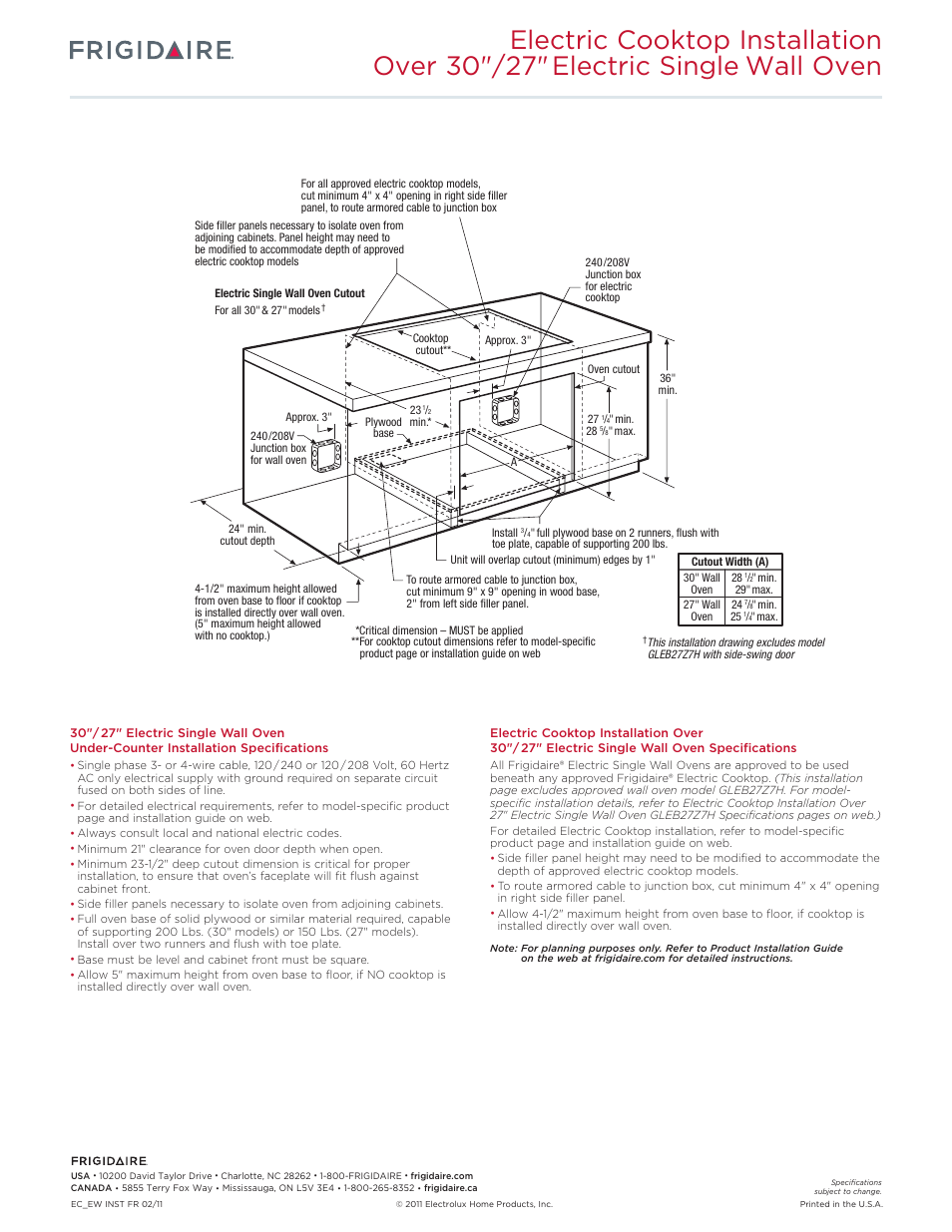 Excludes side swing wall oven) | FRIGIDAIRE FGEW2745K F/W/B User Manual | Page 5 / 9