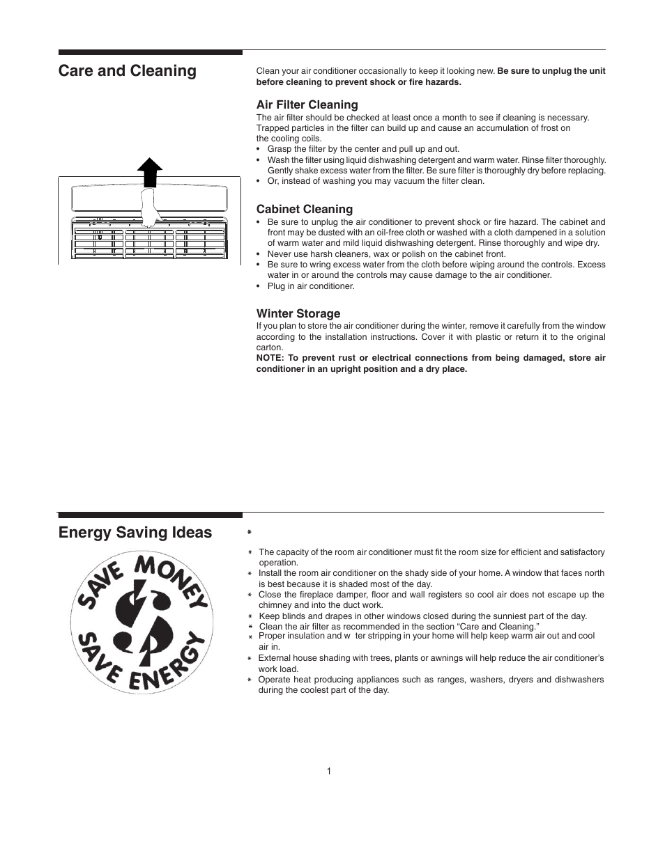 Care and cleaning, Energy saving ideas | FRIGIDAIRE 66121613 User Manual | Page 10 / 11