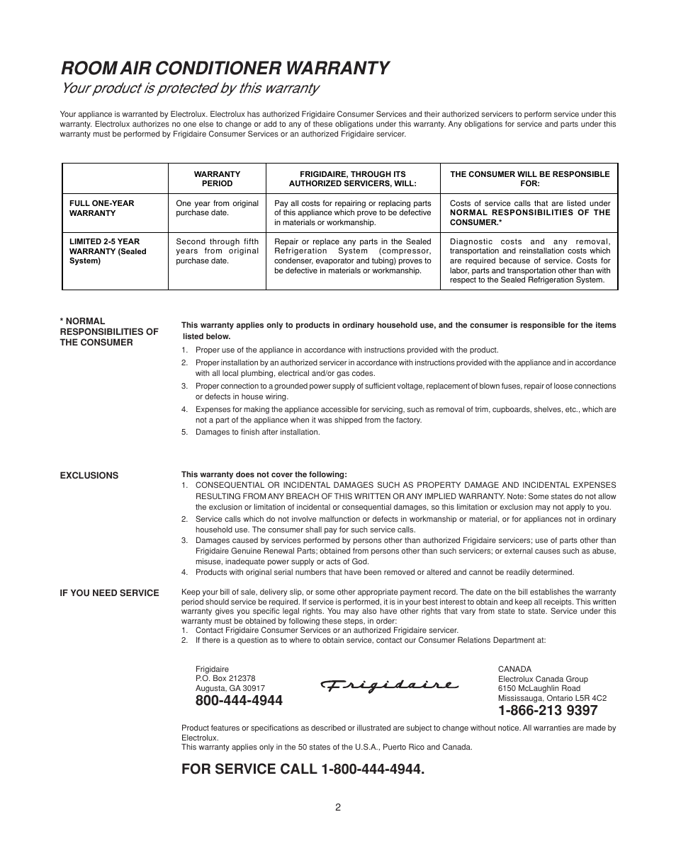Room air conditioner warranty, Your product is protected by this warranty | FRIGIDAIRE 66121613 User Manual | Page 2 / 11