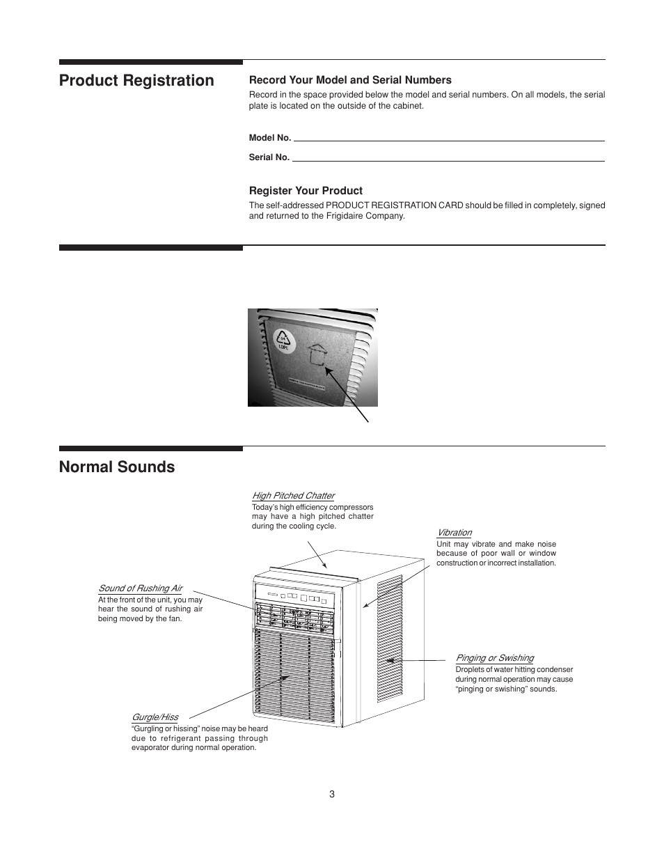 Product registration normal sounds packaging | FRIGIDAIRE 66121613 User Manual | Page 3 / 11