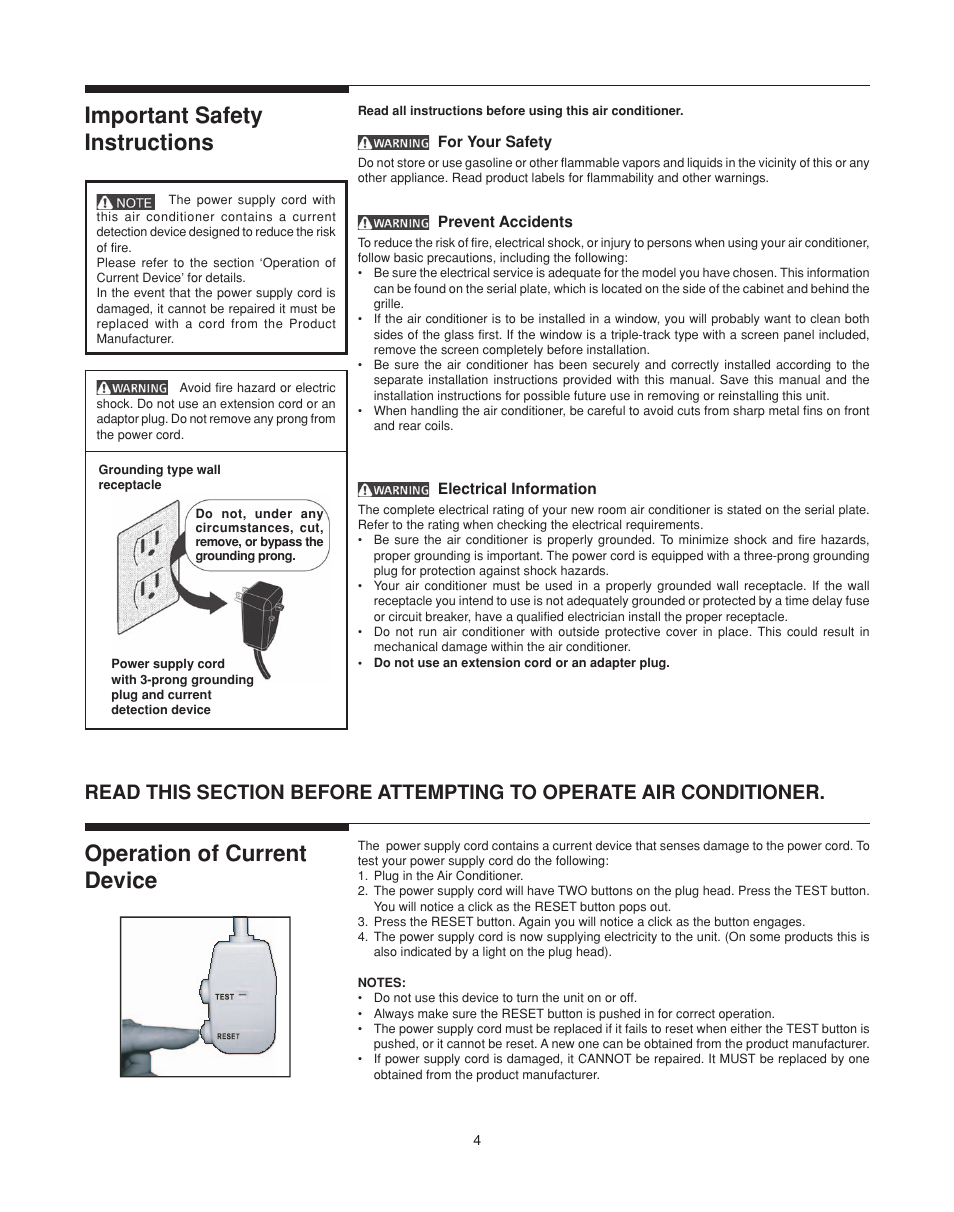 Important safety instructions, Operation of current device | FRIGIDAIRE 66121613 User Manual | Page 4 / 11