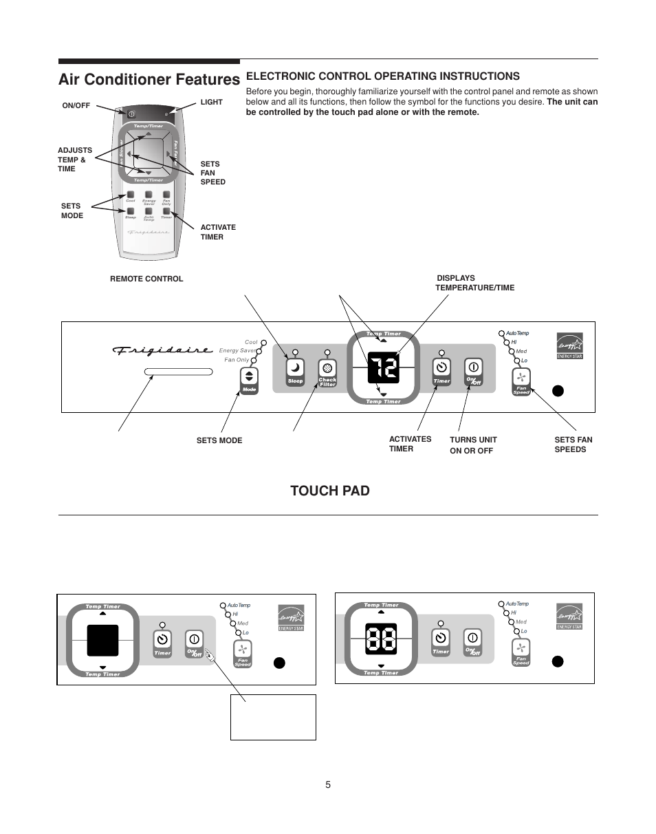 Air conditioner features, Touch pad, Electronic control operating instructions | FRIGIDAIRE 66121613 User Manual | Page 5 / 11