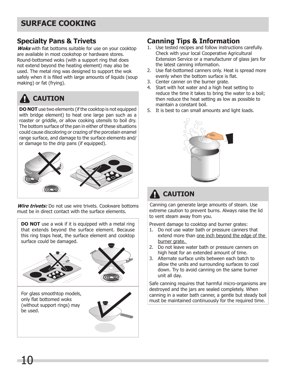 Surface cooking, Specialty pans & trivets, Caution | Canning tips & information | FRIGIDAIRE A User Manual | Page 10 / 32