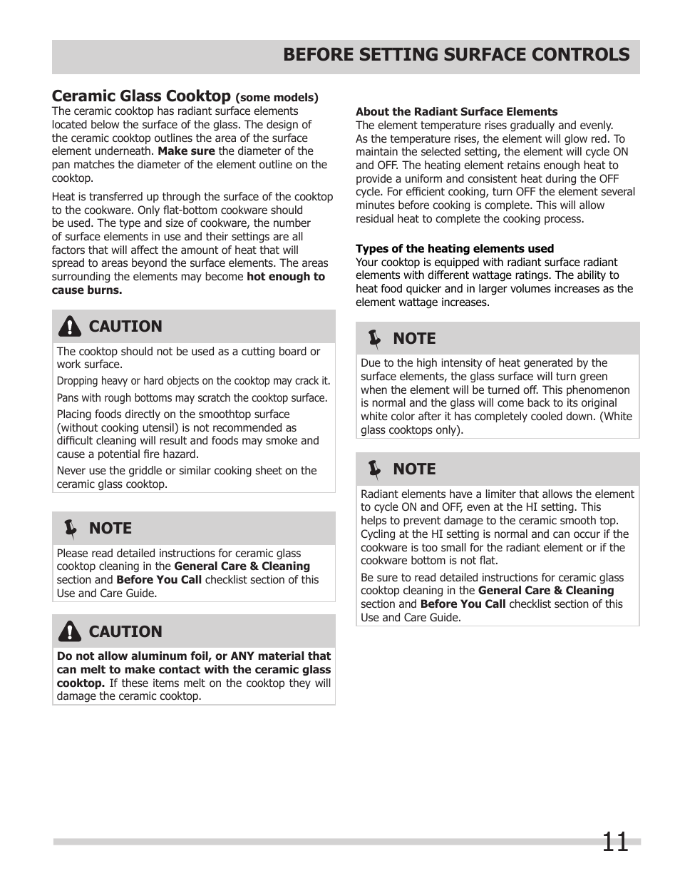 Before setting surface controls, Ceramic glass cooktop, Caution | FRIGIDAIRE A User Manual | Page 11 / 32