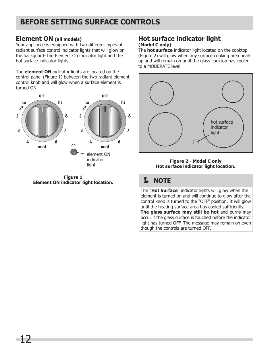 Before setting surface controls, Element on, Hot surface indicator light | FRIGIDAIRE A User Manual | Page 12 / 32
