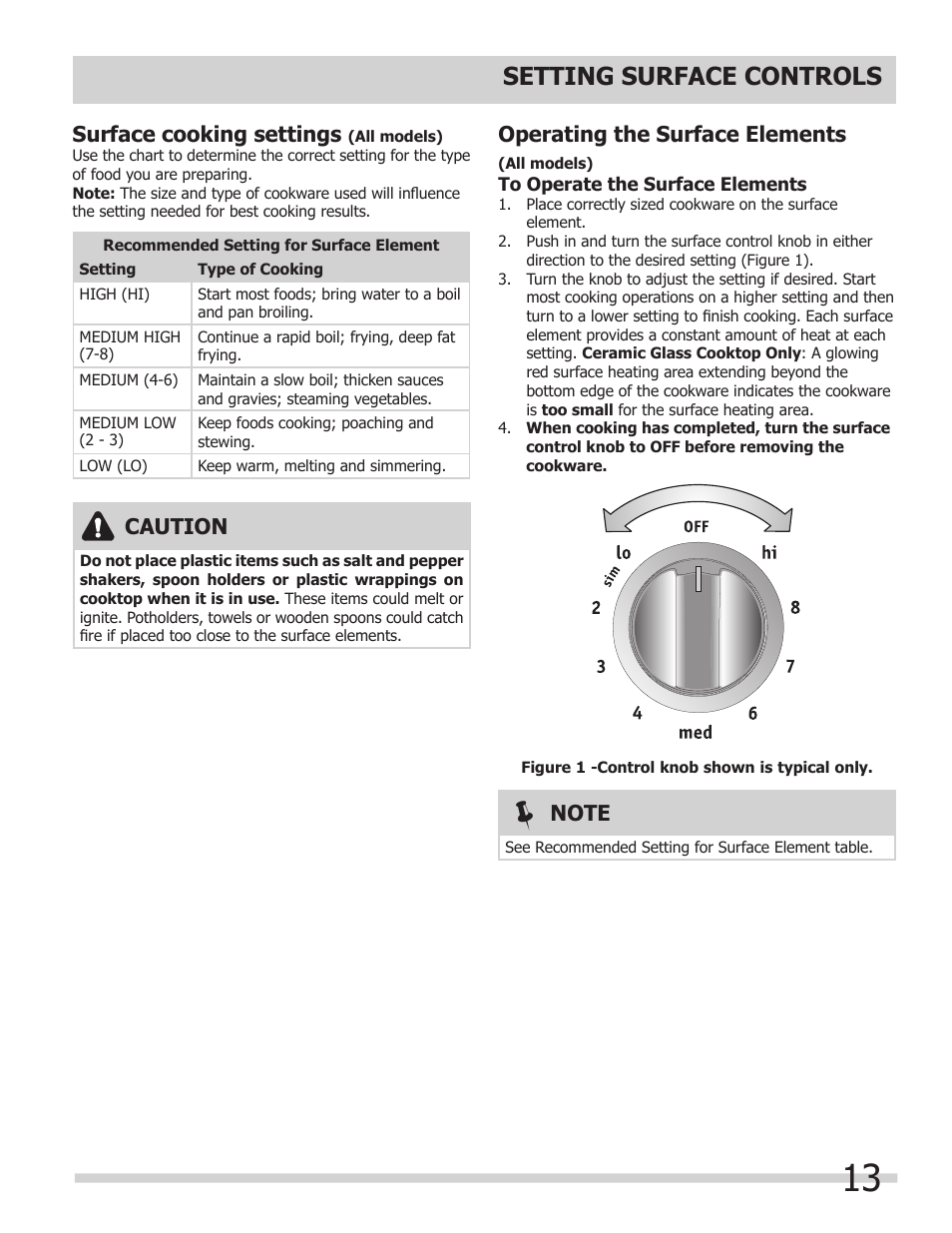 Setting surface controls, Surface cooking settings, Caution | Operating the surface elements | FRIGIDAIRE A User Manual | Page 13 / 32