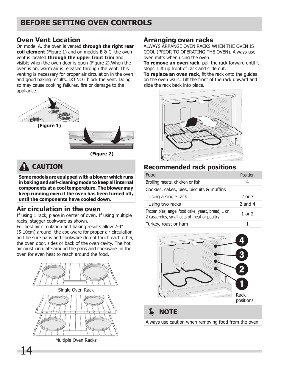 Before setting oven controls, Caution, Air circulation in the oven | Arranging oven racks, Recommended rack positions, Oven vent location | FRIGIDAIRE A User Manual | Page 14 / 32