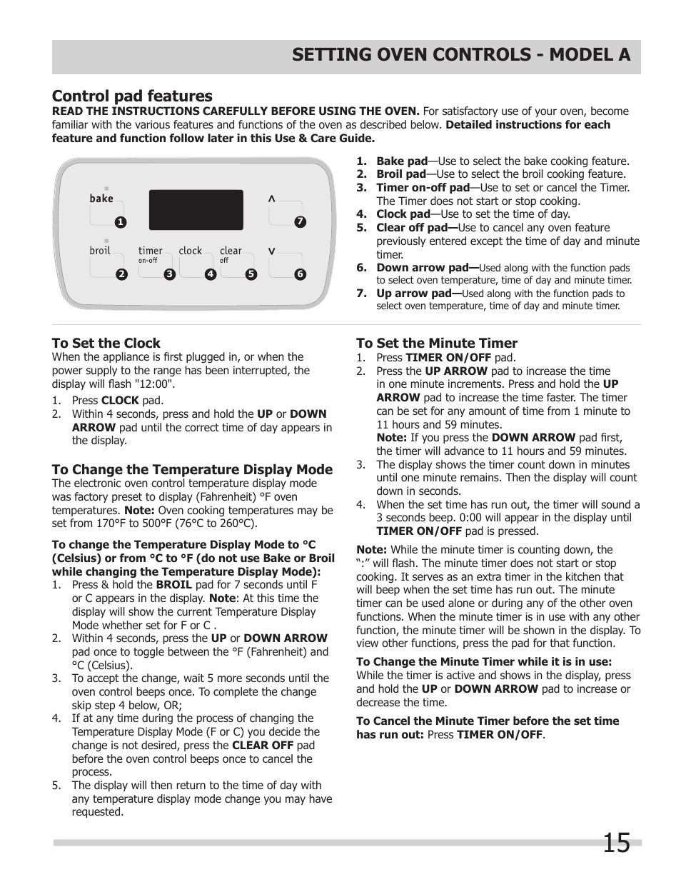 Setting oven controls - model a, Control pad features | FRIGIDAIRE A User Manual | Page 15 / 32