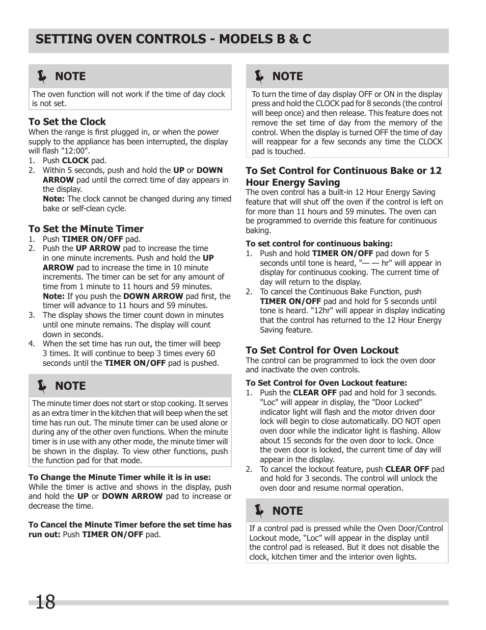 Setting oven controls - models b & c | FRIGIDAIRE A User Manual | Page 18 / 32