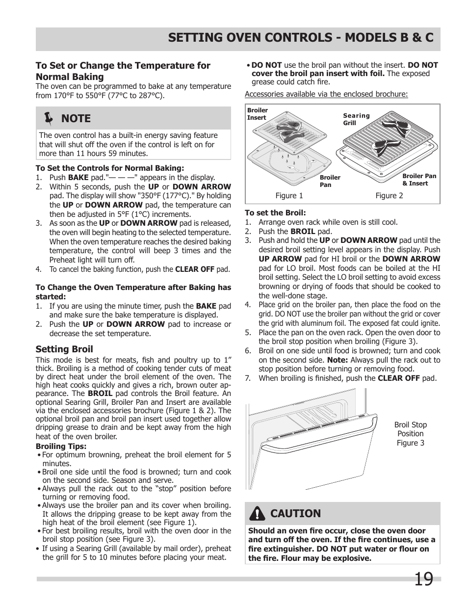 Setting oven controls - models b & c, Caution | FRIGIDAIRE A User Manual | Page 19 / 32
