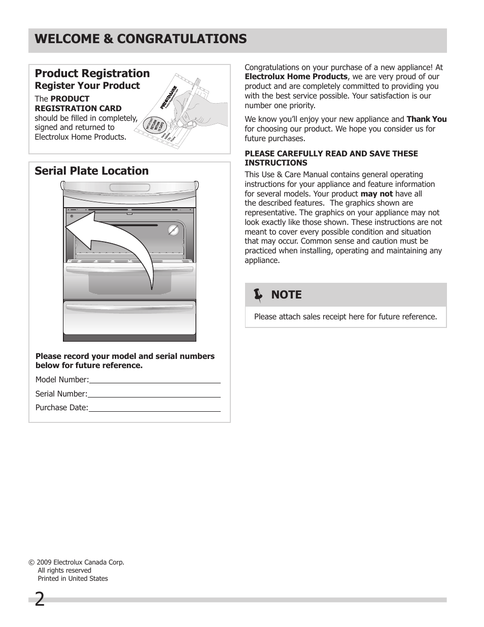 Product registration, Serial plate location | FRIGIDAIRE A User Manual | Page 2 / 32