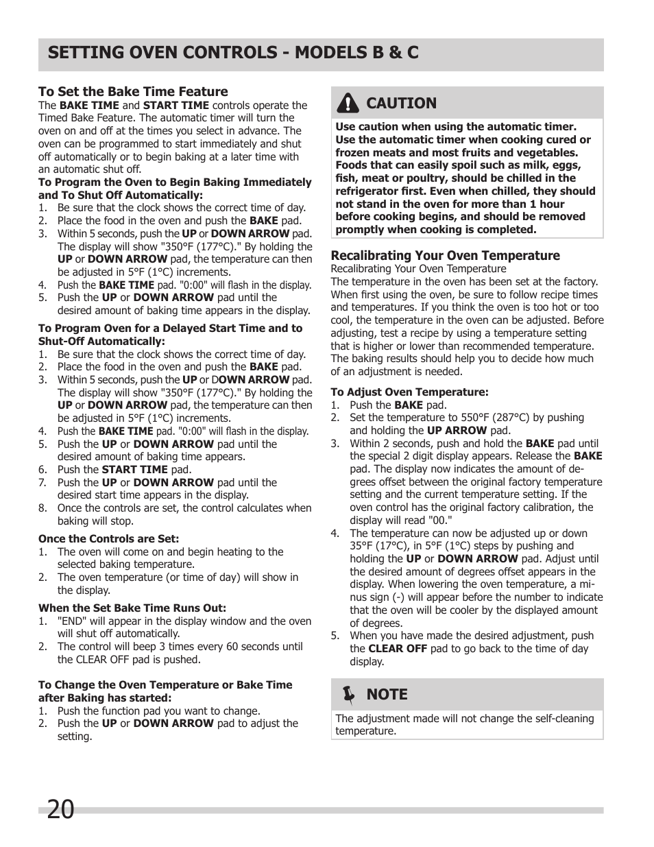 Setting oven controls - models b & c, Caution | FRIGIDAIRE A User Manual | Page 20 / 32