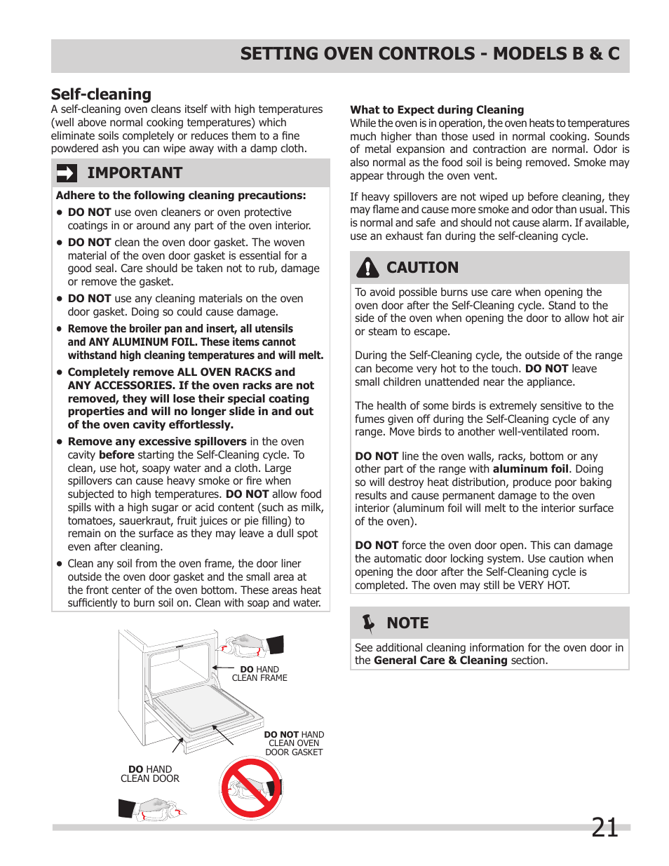 Setting oven controls - models b & c, Self-cleaning, Caution | Important | FRIGIDAIRE A User Manual | Page 21 / 32