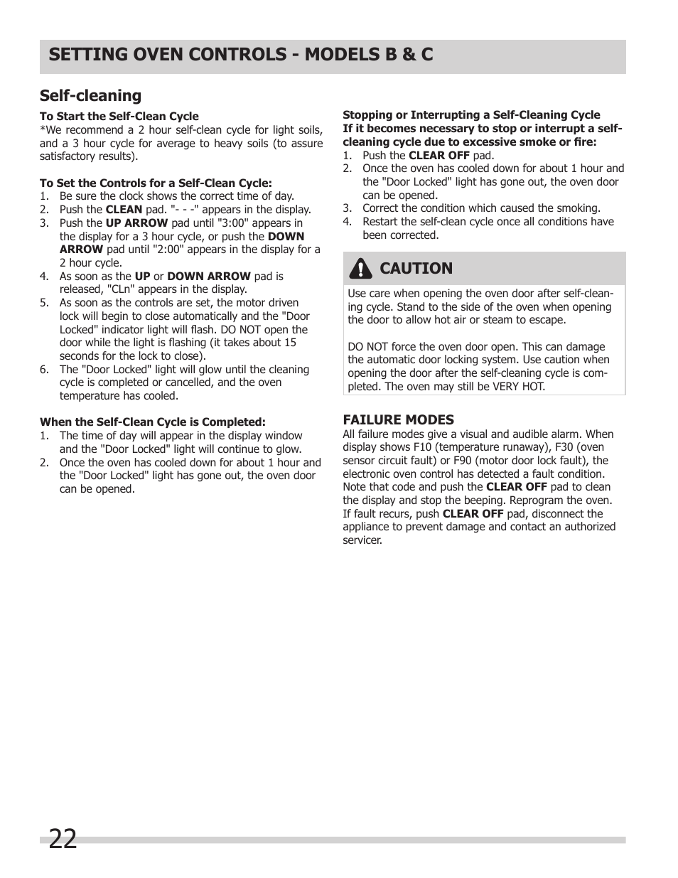 Setting oven controls - models b & c, Caution, Self-cleaning | FRIGIDAIRE A User Manual | Page 22 / 32