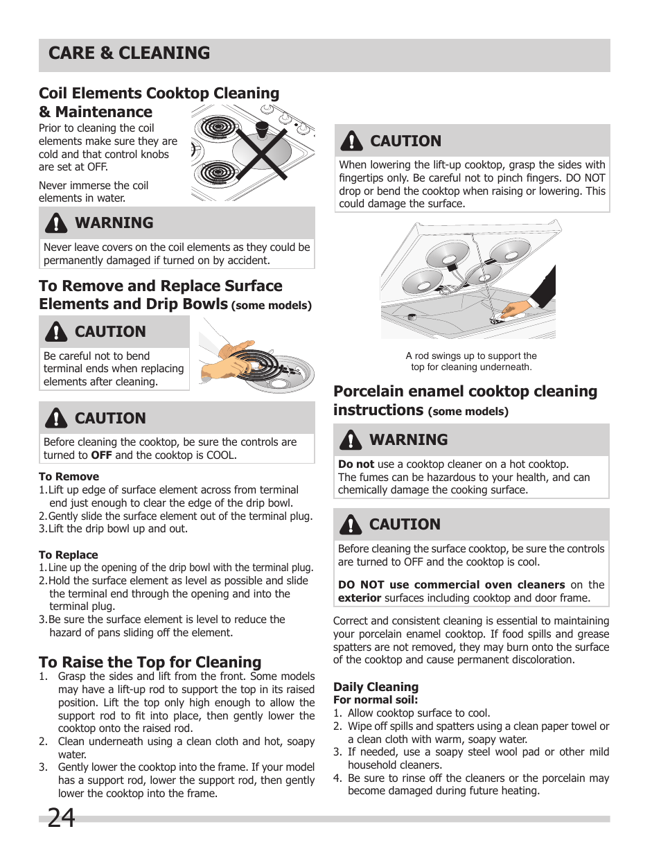 Care & cleaning, Warning, Caution | Coil elements cooktop cleaning & maintenance, Porcelain enamel cooktop cleaning instructions | FRIGIDAIRE A User Manual | Page 24 / 32